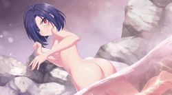 Rule 34 | 1girl, animated, animated gif, ass, blue hair, breast expansion, breasts, completely nude, female focus, heterochromia, highres, kurosaki mei, large breasts, looking at viewer, nude, omega labyrinth, omega labyrinth life, onsen, solo