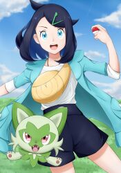 Rule 34 | 1girl, :d, aqua eyes, black hair, black shorts, cloud, coat, commentary request, cowboy shot, cowlick, creatures (company), day, eyelashes, game freak, grass, green coat, hair ornament, hairclip, hand up, higashi (pixiv 17706769), highres, holding, holding poke ball, liko (pokemon), looking at viewer, nintendo, open clothes, open coat, open mouth, outdoors, poke ball, poke ball (basic), pokemon, pokemon (anime), pokemon (creature), pokemon horizons, shirt, shorts, sky, smile, sprigatito, standing, teeth, tongue, upper teeth only, white shirt, yellow bag