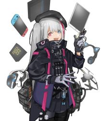 Rule 34 | 1girl, absurdres, black gloves, black hat, blue eyes, cellphone, fang, flasso, flip phone, game console, girls&#039; frontline, gloves, grey gloves, hat, headphones, heterochromia, highres, holding, holding phone, ipad, mdr (girls&#039; frontline), multicolored clothes, multicolored gloves, multicolored hair, nintendo switch, open mouth, phone, pink eyes, pink hair, playstation 4, playstation vr, side ponytail, simple background, slit pupils, solo, standing, tablet pc, white background, white hair