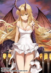 Rule 34 | 1girl, against railing, blonde hair, breasts, brown eyes, cityscape, cleavage, copyright request, dragon tail, dragon wings, dress, horns, ice (ice aptx), legs together, long hair, looking at viewer, medium breasts, official art, railing, scales, sky, smile, solo, standing, tail, thighs, torn clothes, twilight, very long hair, watermark, white dress, wings, yellow sky