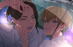 Rule 34 | 2boys, aqua eyes, arm up, artist name, baji keisuke, black hair, blonde hair, blue eyes, blurry, blurry background, collarbone, collared shirt, commentary request, crossed bangs, earrings, fangs, fingernails, forehead, grin, hair between eyes, high ponytail, holding, holding umbrella, hua (supa jopa), jewelry, looking at viewer, male focus, matsuno chifuyu, medium hair, multiple boys, open clothes, open collar, open mouth, outdoors, parted bangs, ponytail, rain, round teeth, shirt, short hair, short ponytail, sidelocks, smile, teeth, tokyo revengers, tongue, transparent, transparent umbrella, tsurime, twitter username, umbrella, undercut, upper body, watermark, wet, wet hair, white shirt, wing collar, yellow eyes