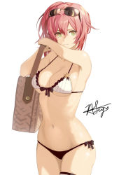 Rule 34 | 1girl, bag, bare arms, bare legs, bikini, breasts, chaciooh, cleavage, cropped legs, eyelashes, eyewear on head, front-tie bikini top, front-tie top, girls&#039; frontline, green eyes, hair between eyes, halterneck, light smile, long hair, looking at viewer, medium breasts, navel, pink hair, ponytail, r93 (girls&#039; frontline), ribs, side-tie bikini bottom, signature, solo, standing, stomach, sunglasses, swimsuit, thigh strap, white background