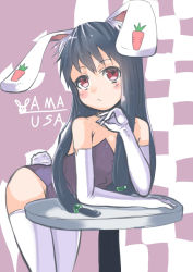 Rule 34 | 1girl, :&lt;, animal ears, bare shoulders, beatrice (wild arms), beatrice (wild arms 3), black hair, blush, checkered background, cowboy shot, elbow gloves, fake animal ears, food print, gloves, hair ornament, johnny funamushi, leaning forward, leotard, looking at viewer, playboy bunny, rabbit ears, rabbit tail, red eyes, sidelocks, simple background, solo, table, tail, thighhighs, white gloves, white thighhighs, wild arms, wild arms 3