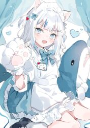 Rule 34 | 1girl, absurdres, animal hands, blue eyes, blue hair, blunt bangs, cube hair ornament, gawr gura, grey hair, hair ornament, heart, highres, hololive, hololive english, holomyth, looking at viewer, maid, mokyuko, multicolored hair, open mouth, shark, shark girl, shark hair ornament, smile, streaked hair, stuffed animal, stuffed toy, twintails, virtual youtuber