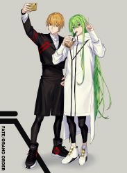 Rule 34 | 1boy, 1other, absurdres, blonde hair, bubble tea, cellphone, earrings, enkidu (fate), fate/grand order, fate/strange fake, fate (series), gilgamesh (fate), gilgamesh (caster) (fate), green eyes, green hair, highres, jewelry, long hair, namakawa, open mouth, phone, red eyes, shoes, shorts, smartphone, sneakers, v, very long hair