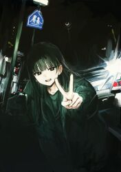 Rule 34 | 1girl, :d, absurdres, backlighting, black eyes, black hair, black jacket, black shirt, car, collared jacket, cowboy shot, dark, fisheye, funabashi (iwzry), glint, hand on own leg, highres, jacket, lamppost, leaning forward, long bangs, long hair, long sleeves, motor vehicle, night, night sky, open clothes, open jacket, open mouth, original, outdoors, outstretched arm, shirt, sidelocks, sign, sky, smile, solo, straight hair, teeth, upper teeth only, v