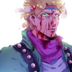 Rule 34 | 1boy, bad id, bad pixiv id, blonde hair, blood, blood on face, caesar anthonio zeppeli, facial mark, feather hair ornament, feathers, green eyes, feather hair ornament, headband, jojo no kimyou na bouken, lowres, male focus, purinnkawayusu, scarf, solo