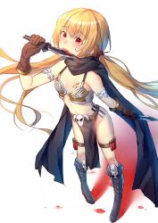Rule 34 | 1girl, alexmaster, blonde hair, blood, boots, breasts, brown gloves, cape, gloves, highres, licking, licking blade, licking weapon, long hair, looking at viewer, navel, original, potion, red eyes, revealing clothes, small breasts, smile, solo, tongue, tongue out, weapon