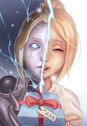 Rule 34 | 1girl, android, blonde hair, blue eyes, box, dual persona, eliskalti, english text, father&#039;s day, gift, gift box, giving, league of legends, lightning, one eye closed, orianna (league of legends), robot, short hair
