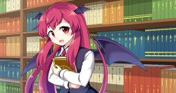 Rule 34 | 1girl, :d, absurdres, artist request, bat wings, black vest, blush, book, hugging book, bookshelf, commentary request, dress shirt, eyelashes, gradient hair, head tilt, head wings, highres, holding, holding book, koakuma, long hair, long sleeves, looking at viewer, multicolored hair, necktie, hugging object, open mouth, red eyes, red hair, red necktie, shirt, sidelocks, smile, solo, touhou, touhou lostword, upper body, very long hair, vest, white shirt, wings