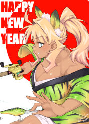 Rule 34 | 1girl, ahoge, animal ears, animal print, artist name, blonde hair, breasts, chinese zodiac, cleavage, commentary, dark-skinned female, dark skin, dated, english text, fishing rod, flag background, green eyes, green jacket, grin, hair intakes, hanten (clothes), happy new year, highres, holding, holding fishing rod, hori shin, jacket, japanese flag, large breasts, long sleeves, looking to the side, medium hair, new year, off shoulder, original, print jacket, signature, smile, solo, standing, tiger ears, tiger print, year of the tiger
