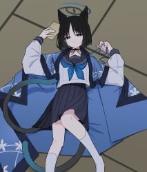 Rule 34 | 1girl, absurdres, animal ears, black eyes, black hair, black sailor collar, blue archive, blue halo, blue neckerchief, cat ears, cat tail, halo, highres, kikyou (blue archive), long sleeves, looking at viewer, lying, lyrinne, multiple tails, neckerchief, on back, sailor collar, school uniform, serafuku, short hair, solo, tail, two tails