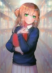 Rule 34 | 1girl, alternate costume, bad id, bad twitter id, blue cardigan, blush, book, breasts, brown hair, cardigan, collared shirt, confetti, girls&#039; frontline, green eyes, hair between eyes, hair ribbon, hair rings, hanato (seonoaiko), hand on own chest, head tilt, holding, holding book, library, light particles, long hair, looking at viewer, medium breasts, pleated skirt, ponytail, ribbon, shirt, sidelocks, skirt, solo, springfield (girls&#039; frontline), standing, striped clothes, striped shirt, twitter username, white shirt, white skirt