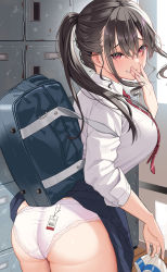 Rule 34 | 1girl, accidental exposure, ass, bag, black hair, blue skirt, blush, breasts, clothes lift, collared shirt, commentary request, cowboy shot, from behind, getabako, grin, hair between eyes, hair over shoulder, hand to own mouth, hand up, highres, holding, holding shoes, indoors, large breasts, locker, long hair, looking at viewer, looking back, miniskirt, necktie, original, panties, parted lips, price tag, red eyes, red necktie, school bag, school uniform, shirt, shoes, shoulder bag, sidelocks, skirt, skirt lift, sleeves past elbows, sleeves pushed up, smile, solo, standing, striped necktie, taniguchi daisuke (surumenium), twintails, underwear, wardrobe malfunction, white footwear, white panties, white shirt