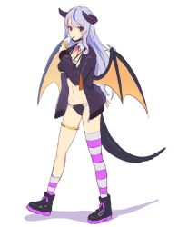 Rule 34 | 1girl, anklet, arm behind back, asymmetrical legwear, bikini, black bikini, black footwear, black jacket, blue hair, boots, demon girl, demon horns, demon wings, detached collar, food, front-tie bikini top, front-tie top, highres, holding, holding food, horns, ice cream, jacket, jewelry, long hair, long sleeves, looking at viewer, mask, mask pull, mismatched legwear, mouth mask, multicolored hair, navel, open clothes, open jacket, original, purple eyes, shadow, shouhei, silver hair, simple background, single sock, single thighhigh, socks, solo, stomach, streaked hair, striped clothes, striped socks, striped thighhighs, surgical mask, swimsuit, tail, thighhighs, thighs, tongue, tongue out, white background, wings