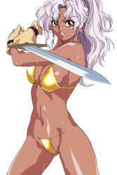 1girl bikini breasts cleavage clenched_teeth gold_bikini highres large_breasts long_hair looking_at_viewer navel purple_hair red_eyes rita_(words_worth) simple_background sinanu006nt solo standing sweat swimsuit sword teeth warrior weapon white_background words_worth