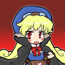 Rule 34 | 1girl, :o, bag, blonde hair, blue hat, blush, bow, cape, curly hair, eruru (erl), fang, flipped hair, gloves, goggles, goggles on head, hand on own hip, hat, heart, highres, hip focus, long hair, marivel armitage, open mouth, pointy ears, red background, red eyes, ribbon, simple background, solo, vampire, wild arms, wild arms 2