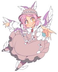 Rule 34 | 1girl, animal ears, blush, bow, bowtie, dress, fingernails, full body, hat, ini (inunabe00), juliet sleeves, long sleeves, mystia lorelei, outstretched arm, pink hair, pink legwear, puffy long sleeves, puffy sleeves, sharp fingernails, shoes, simple background, smile, solo, touhou, white background, winged footwear, winged hat, wings, yellow eyes