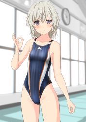 Rule 34 | 1girl, absurdres, blue one-piece swimsuit, breasts, collarbone, commentary request, cowboy shot, high school fleet, highres, indoors, logo, looking at viewer, ok sign, one-piece swimsuit, parted lips, purple eyes, short hair, silver hair, small breasts, solo, standing, striped clothes, striped one-piece swimsuit, swimsuit, takafumi, tateishi shima