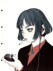 Rule 34 | blouse, blue hair, bob cut, cable, cigarette, collared shirt, eyelashes, formal, futurhythm, green eyes, highres, murata range, pale skin, red shirt, shirt, simple background, smoking, solo, suit, white background