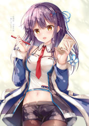 Rule 34 | 1girl, :d, azur lane, bad id, bad pixiv id, bare shoulders, black shorts, blue hair, blue jacket, blue ribbon, blush, breasts, brown eyes, brown pantyhose, bubble tea, cowboy shot, crop top, cup, detached collar, disposable cup, drinking straw, hair ornament, hair ribbon, hairclip, half updo, hands up, highres, holding, holding cup, jacket, long hair, long sleeves, looking at viewer, medium breasts, midriff, mullany (azur lane), navel, necktie, off shoulder, open clothes, open jacket, open mouth, pantyhose, red necktie, ribbon, shirt, short shorts, shorts, sidelocks, sleeveless, sleeveless shirt, smile, solo, sousouman, spaghetti strap, star (symbol), stomach, translation request, white shirt, wing collar, x hair ornament, zipper, zipper pull tab
