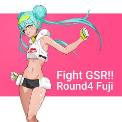 Rule 34 | 1girl, aqua eyes, aqua hair, arm tattoo, arm up, bare arms, choker, company name, copyright name, cropped hoodie, double bun, english text, feet out of frame, gloves, goodsmile racing, green gloves, grin, hair bun, hatsune miku, head tilt, highres, hood, hoodie, leg tattoo, long hair, micro shorts, midriff, navel, neco, official art, outstretched arm, pink background, promotional art, racing miku, racing miku (2022), revealing clothes, see-through, shorts, simple background, sleeveless, sleeveless hoodie, smile, solo, stomach, sweat, tan, tattoo, two-sided fabric, two-sided hood, two-tone gloves, very long hair, vocaloid, white gloves