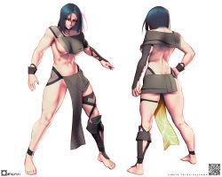 Rule 34 | 1girl, abs, anklet, ass, asymmetrical clothes, back, barefoot, black choker, black hair, breasts, butt crack, character profile, character sheet, choker, cross, cross choker, crow (orihalchon), flat ass, full body, hand on own hip, highres, jewelry, kneepits, large breasts, medium hair, multiple views, muscular, muscular female, navel, original, orihalchon, pelvic curtain, single thighhigh, single vambrace, solo, standing, thick thighs, thighhighs, thighs, turnaround, underboob, vambraces, yellow eyes