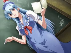 Rule 34 | 1girl, blue hair, blush, book, chalk, chalkboard, dress, female focus, firopito, hat, kamishirasawa keine, long hair, open book, open mouth, red eyes, solo, sparkle, touhou, very long hair