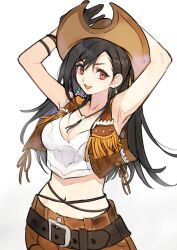 Rule 34 | 1girl, alpaca carlesi, armpits, arms up, bare shoulders, belt, belt buckle, black belt, black gloves, black hair, bracelet, breasts, brown hat, brown shirt, brown vest, buckle, cleavage, commentary, cowboy hat, cowgirl (western), crisis core final fantasy vii, crop top, earrings, final fantasy, final fantasy vii, final fantasy vii remake, gloves, gradient background, hair behind ear, hair ornament, hat, highres, jewelry, large breasts, long hair, midriff, navel, official alternate costume, open mouth, red eyes, shirt, solo, swept bangs, symbol-only commentary, tifa lockhart, tifa lockhart (cowgirl), upper body, vest, white shirt