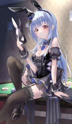 Rule 34 | 1girl, absurdres, animal ears, bare shoulders, black footwear, black hat, black leotard, black sleeves, black thighhighs, blue hair, blue necktie, blush, breasts, casino, casino card table, cleavage, detached collar, detached sleeves, fake animal ears, fishnet thighhighs, fishnets, frilled wristband, frills, gambling, garter straps, hat, high heels, highres, holding, holding mask, hololive, kmdr 04, leotard, long hair, looking at viewer, mask, medium breasts, mini hat, mini top hat, necktie, on table, orange eyes, playboy bunny, poker chip, puffy short sleeves, puffy sleeves, rabbit-shaped pupils, rabbit ears, rabbit girl, rabbit mask, roulette, roulette table, short sleeves, sitting, solo, straight hair, symbol-shaped pupils, table, thick eyebrows, thighhighs, top hat, usada pekora, usada pekora (furi furi bunny dress), virtual youtuber, wrist cuffs, wristband