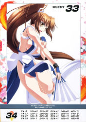 Rule 34 | 1girl, bare shoulders, breasts, brown eyes, brown hair, cleavage, fatal fury, hand fan, highres, holding, izumi mahiru, large breasts, long hair, looking at viewer, ninja, non-web source, official art, open mouth, pelvic curtain, ponytail, queen&#039;s blade, queen&#039;s gate, revealing clothes, scan, shiranui mai, simple background, solo, the king of fighters