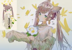Rule 34 | 1girl, animal ears, bad id, bad twitter id, brown cardigan, brown hair, brown shirt, cardigan, copyright request, earrings, extra ears, flower, food-themed earrings, food themed earrings, green eyes, grey background, head tilt, highres, holding, holding flower, jewelry, krau rr, long hair, looking at viewer, open cardigan, open clothes, orange-shaped earrings, reference inset, shirt, simple background, twintails, white flower