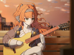 Rule 34 | 1girl, absurdres, blurry, blurry background, braid, checkered hairband, closed mouth, cloud, crossed legs, feet out of frame, gloves, green eyes, guitar, hair ornament, highres, holding, holding guitar, holding instrument, instrument, jewelry, lingerain, long hair, looking to the side, music, necklace, on bench, orange hair, playing instrument, puffy sleeves, reverse:1999, side braid, sitting, solo, sonetto (reverse:1999), sunset, turtleneck, white gloves, wind