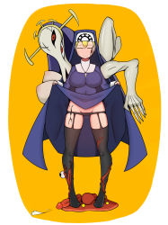 Rule 34 | 1girl, absurdres, artist request, blonde hair, breasts, clothes lift, cross, cross necklace, crown, cum, double (skullgirls), dress, dress lift, dual persona, erection, extra arms, extra eyes, closed eyes, habit, highres, jewelry, large breasts, monster, necklace, nun, ovaries, panties, penis, skullgirls, smile, solo, stepped on, thighhighs, underwear, veins, yellow background