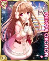Rule 34 | 1girl, asahina momoko, bow, brown hair, card (medium), character name, coat, dress, girlfriend (kari), hair bow, hair ribbon, mittens, neon lights, night, official art, one side up, open mouth, outdoors, pink dress, qp:flapper, red eyes, ribbon, side ponytail, skirt, smile, snow, snowing, solo, white bow, winter clothes, winter coat