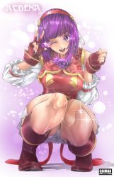 Rule 34 | 1girl, asamiya athena, caiman (artist), fingerless gloves, gloves, one eye closed, open mouth, purple eyes, purple hair, smile, snk, solo, the king of fighters, the king of fighters xv