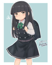 Rule 34 | 1girl, aoshima sakana, backpack, bag, black dress, black hair, blunt bangs, blush, brown eyes, closed mouth, commentary request, cosplay, dated, dress, green neckwear, hatsuyuki (kancolle), hime cut, kantai collection, long hair, long sleeves, looking at viewer, michishio (kancolle), michishio (kancolle) (cosplay), pinafore dress, randoseru, shirt, simple background, sleeveless dress, solo, squiggle, sweat, twitter username, two-tone background, white shirt