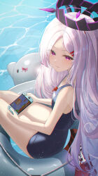 Rule 34 | 1girl, absurdres, blue archive, blue one-piece swimsuit, chromatic aberration, closed mouth, dongyu, expressionless, hair ornament, hairclip, halo, highres, hina (blue archive), hina (swimsuit) (blue archive), innertube, light purple hair, long hair, looking at viewer, nintendo switch, ocean, official alternate costume, on innertube, one-piece swimsuit, purple eyes, school swimsuit, sitting, solo, swim ring, swimsuit, very long hair, whistle, whistle around neck