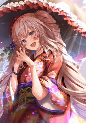 Rule 34 | 1girl, absurdres, black umbrella, blue eyes, blue flower, fate/grand order, fate (series), floral print, flower, frilled umbrella, frills, grey hair, hair flower, hair ornament, highres, japanese clothes, kimono, long hair, marie antoinette (fate), obi, open mouth, red kimono, ringlets, sash, solo, steepled fingers, totomiya, umbrella, very long hair