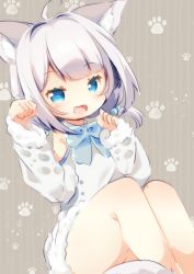 Rule 34 | :d, ahoge, animal ears, bare legs, bare shoulders, blue eyes, blunt bangs, bow, bowtie, cat ears, cat girl, dress, fang, highres, matatabi (nigatsu), open mouth, paw pose, paw print, paw print background, short hair, short twintails, silver hair, smile, thighs, twintails, white dress