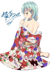 Rule 34 | 10s, 1girl, 2014, adjusting hair, aqua eyes, aqua hair, back, bare back, bare shoulders, barefoot, blush, condom, condom in mouth, feet, female focus, floral print, flower, full body, hair flower, hair ornament, hair over shoulder, hairclip, japanese clothes, kantai collection, kimono, long hair, looking at viewer, looking back, mouth hold, naughty face, off shoulder, personification, saemon (tonpura), signature, simple background, sitting, smile, solo, suzuya (kancolle), white background, yukata