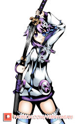 Rule 34 | 1girl, blue eyes, d-pad, hair ornament, hairclip, heterochromia, highres, holding, holding sword, holding weapon, hood, hooded jacket, jacket, looking at viewer, neptune (neptunia), neptune (series), power symbol, power symbol-shaped pupils, purple eyes, purple hair, purple heart (neptunia), short hair, smile, solo, striped clothes, striped thighhighs, sword, symbol-shaped pupils, thighhighs, verniy misaki, weapon, white background