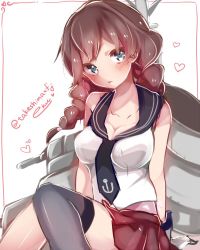 Rule 34 | 10s, 1girl, black thighhighs, blush, braid, breasts, brown hair, dated, gloves, grey eyes, heart, kantai collection, large breasts, long hair, looking at viewer, noshiro (kancolle), personification, school uniform, serafuku, signature, single thighhigh, solo, takeshima eku, thighhighs, twin braids, twitter username, white gloves