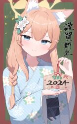 Rule 34 | 1girl, 2024, absurdres, animal ear fluff, animal ears, blue archive, blue eyes, blue kimono, blush, braid, closed mouth, commentary request, ema, floral print, flower, hair between eyes, hair flower, hair ornament, halo, happy new year, highres, japanese clothes, kimono, long hair, long sleeves, looking at viewer, mari (blue archive), new year, obi, orange hair, paid reward available, print kimono, sash, smile, solo, takeroku, white flower, wide sleeves, yellow halo