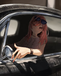 1girl absurdres car car_interior commentary edwin62293123 eyewear_on_head hair_ornament hairclip highres hololive hololive_dev_is ichijou_ririka long_hair looking_at_viewer motor_vehicle orange_eyes orange_hair pink_nails shirt solo sunglasses tinted_eyewear virtual_youtuber watch wristband