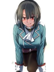 Rule 34 | 1girl, :q, all fours, bad id, bad pixiv id, black gloves, black hair, black thighhighs, breasts, gloves, highres, kantai collection, large breasts, licking lips, long sleeves, looking at viewer, military, military uniform, nmz (namazu), red eyes, short hair, simple background, solo, takao (kancolle), thighhighs, tongue, tongue out, uniform, white background