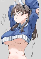 Rule 34 | 1girl, animal ears, arms up, arrow (symbol), blue archive, blue hoodie, breasts, brown hair, closed eyes, cropped hoodie, fake animal ears, glasses, grey background, halo, highres, hizikit, holding own arm, hood, hoodie, large breasts, moe (blue archive), moe (swimsuit) (blue archive), navel, official alternate costume, rabbit ears, simple background, solo, stretching, twintails, twitter username, underboob, upper body