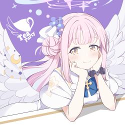 Rule 34 | 1girl, angel wings, black scrunchie, blue archive, blue bow, blue bowtie, blush, bow, bowtie, breasts, capelet, closed mouth, crescent, english text, flower, hair bun, hair flower, hair ornament, halo, hands on own face, head rest, hoshino ouka, icon (computing), long hair, looking at viewer, medium breasts, mika (blue archive), pink hair, purple background, school uniform, scrunchie, simple background, single side bun, small breasts, smile, solo, white wings, wings, wrist scrunchie, yellow eyes