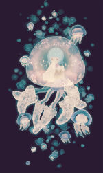 Rule 34 | 1girl, black background, brown eyes, covering own mouth, glowing, highres, jellyfish, kitaru (mabo f), original, personification, short hair, solo, wide shot