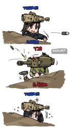 Rule 34 | 2girls, 3koma, anyan (jooho), black eyes, black hair, blonde hair, blush stickers, check copyright, comic, commentary request, copyright request, english text, highres, jacket, korean commentary, mecha musume, military, military vehicle, motor vehicle, multiple girls, nervous, original, ricocheting, scared, sweat, sweatdrop, t29 heavy tank, tank, throwing, tiger i, upper body, war thunder, white background